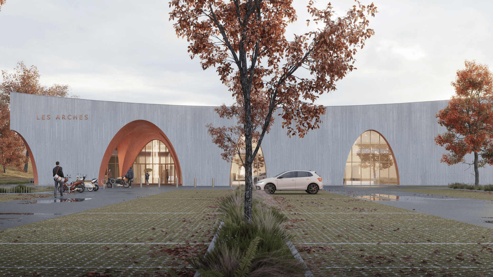 Perspective 3D en automne : L’impact des saisons sur l’architecture et l’urbanisme Perspective 3D architecturale en automne, mettant en scène des arbres aux feuilles rouges et dorées, illustrant l’impact des saisons sur l’ambiance d’un projet urbain ou paysager.