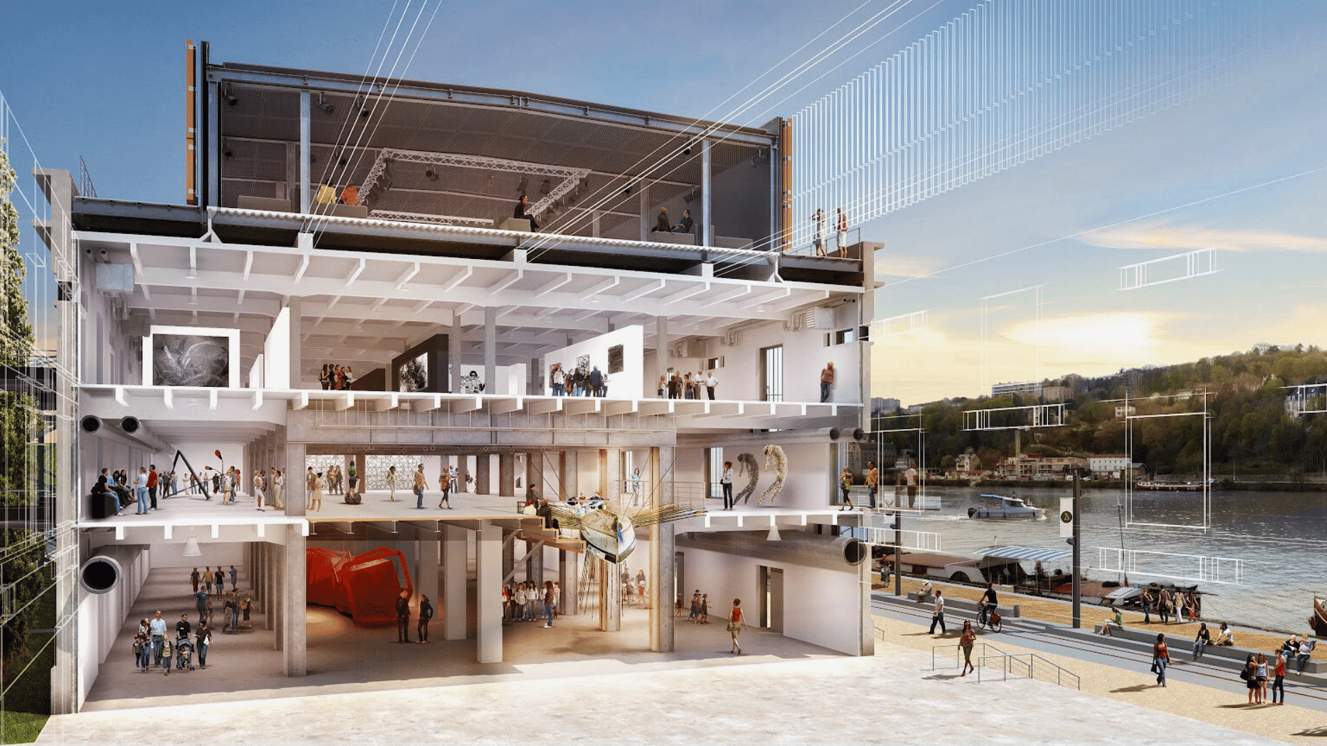 Écorché technique 3D : comprendre l’architecture dans ses moindres détails Vue en écorché technique 3D d’un projet architectural, révélant la structure interne, les matériaux et les systèmes constructifs.