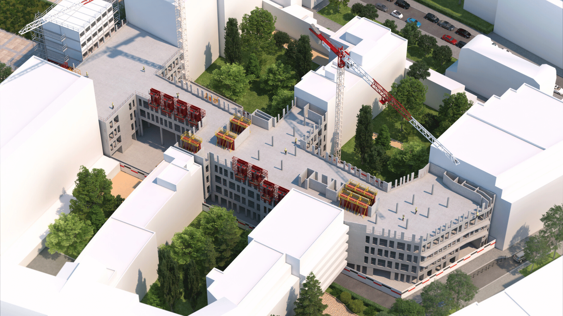 Image 3D illustrant une solution 3D BTP avec phasage de chantier et visualisation des pics d’activité sur site. Solution 3D BTP – Visualiser les pics et le phasage de chantier en temps réel