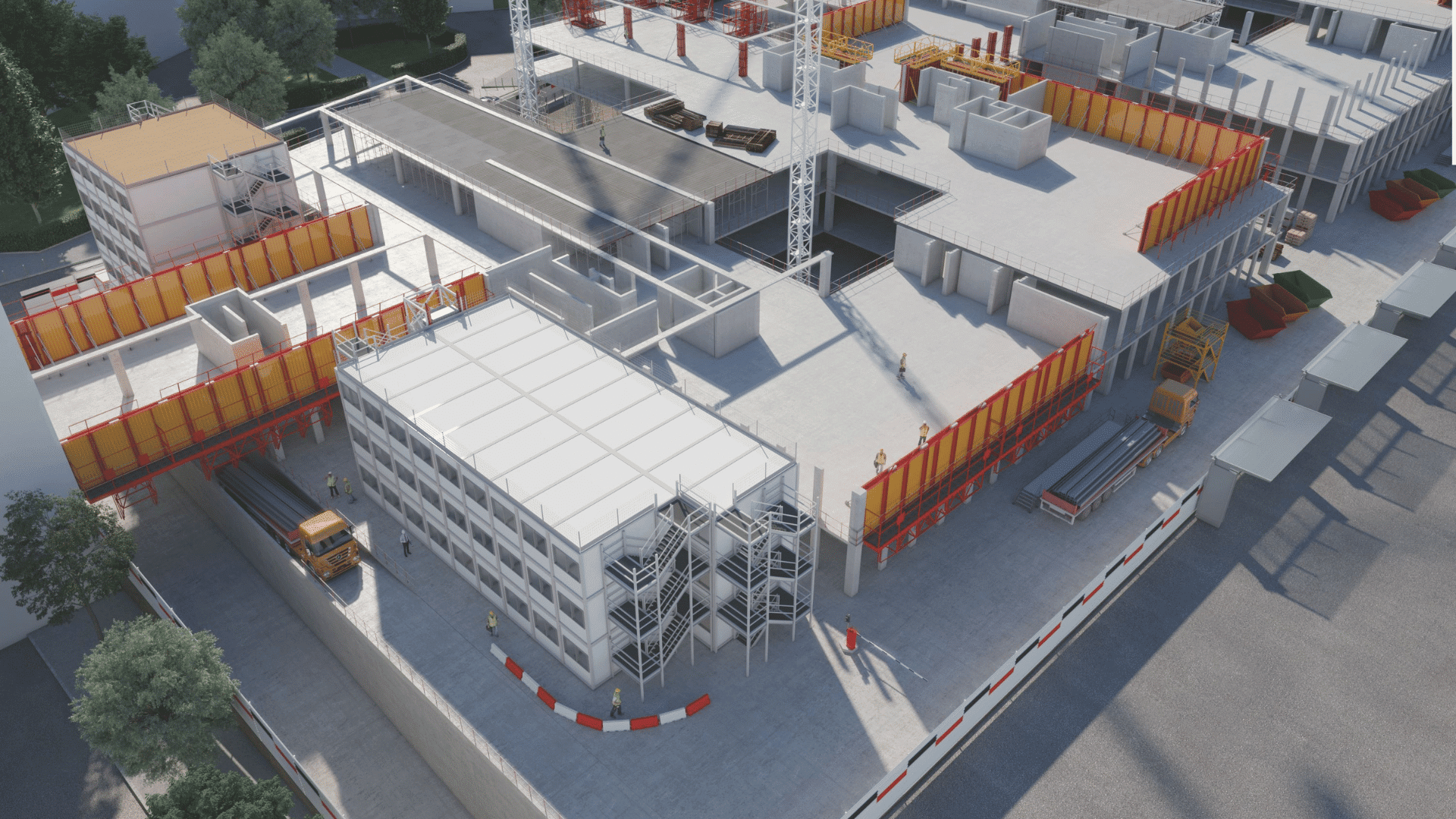 Image 3D illustrant le pic et le phasage d’un chantier pour une entreprise BTP, utilisée dans le cadre d’un appel d’offres de projet de construction.