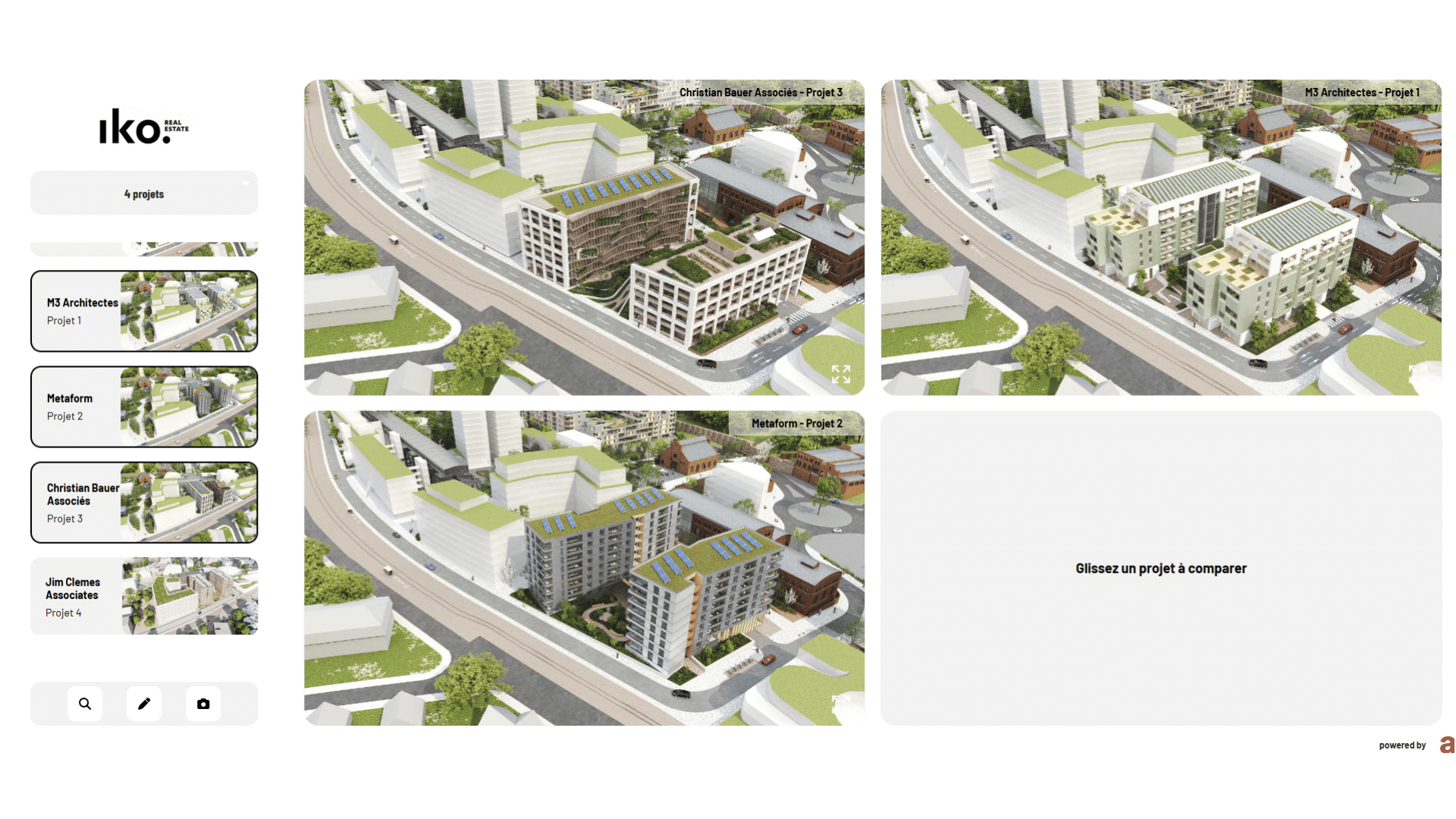 Simulation comparative – Comparer des projets pour éclairer les choix en concours Simulation comparative de plusieurs projets présentés dans un concours d’architecture, mettant en évidence les différences de volumétrie, d’implantation et d’ambiance.