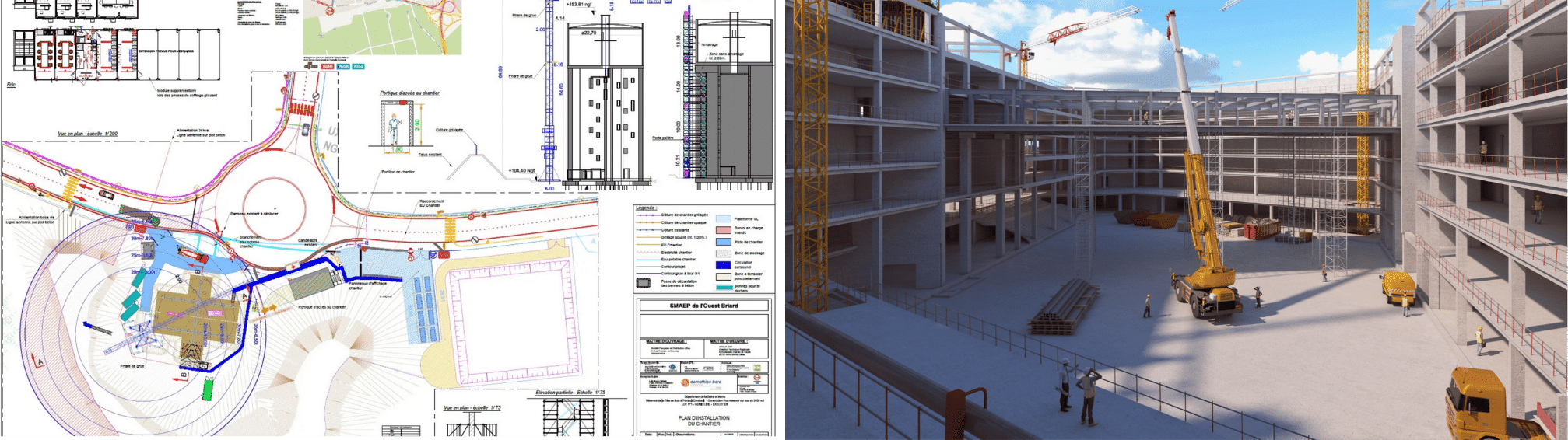 comparaison plan technique et visualisation 3D pour phasage chantier BTP
