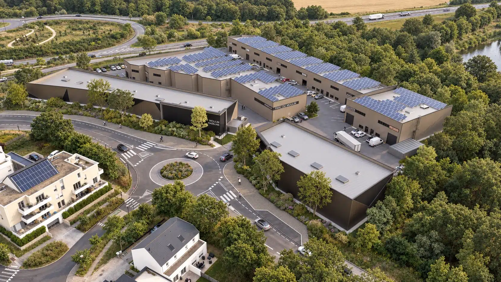 Perspective 3D aérienne d'un projet industriel intégrée dans son environnement réel