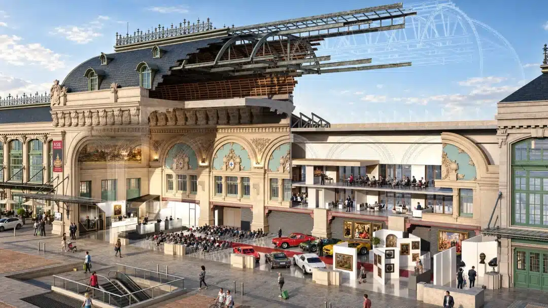 Vue en coupe écorchée de la façade historique réhabilitée en hôtel des ventes Aguttes, avec exposition d'œuvres et de véhicules, rendu 3D par Asylum
