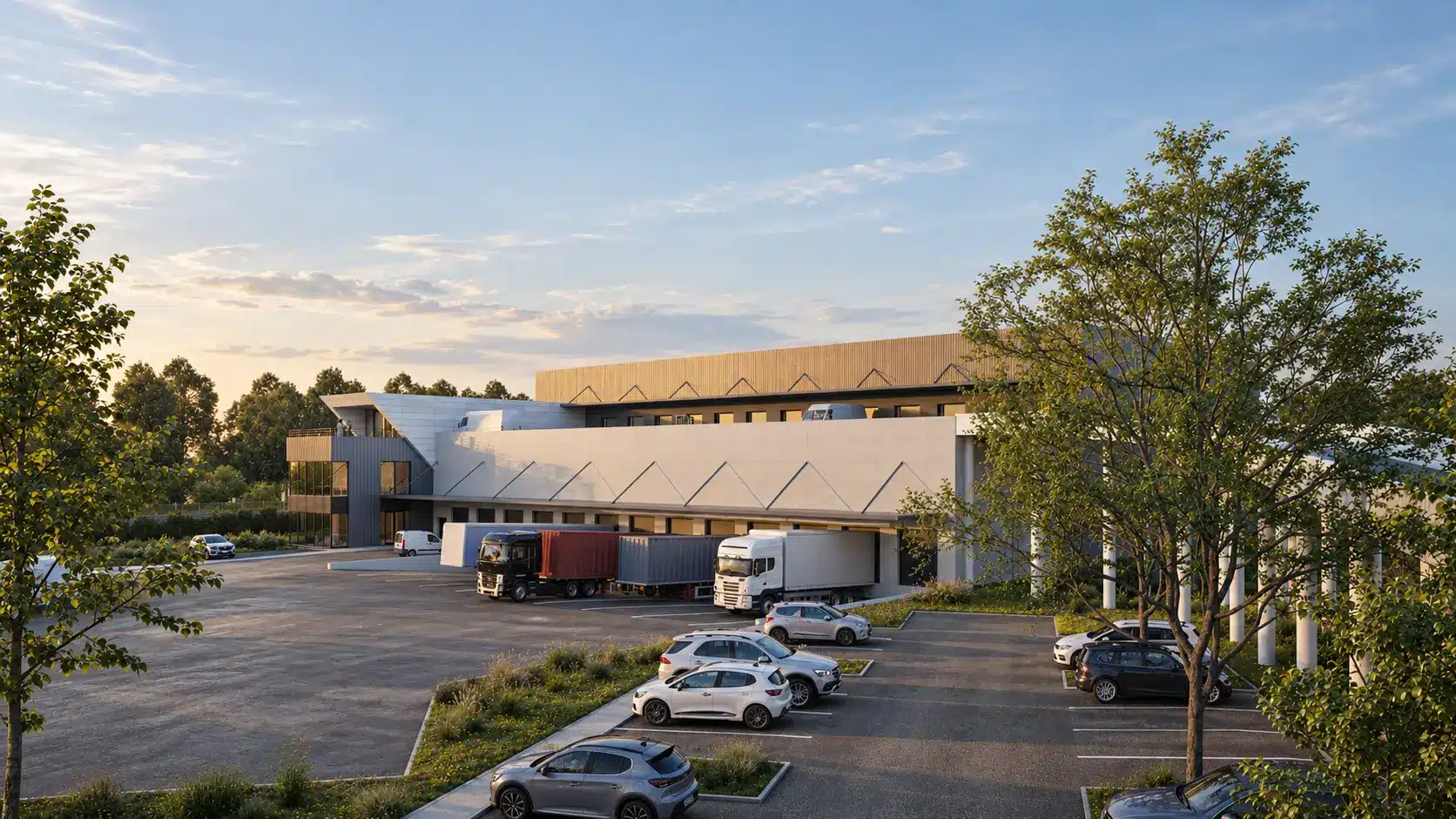 Perspective 3D extérieure d'un centre logistique industriel