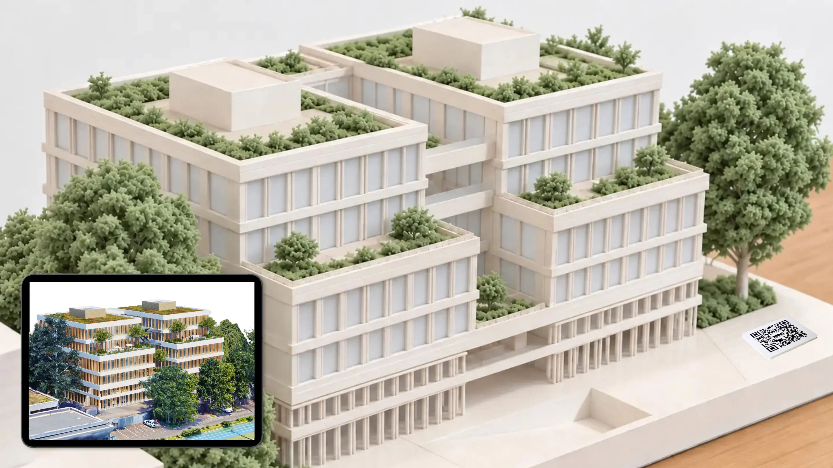 Maquette physique PAAM's Design avec QR Code et visualisation interactive sur smartphone